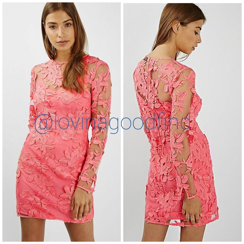 Topshop Long Sleeve Floral Applique Coral DRESS EUC sz 6
